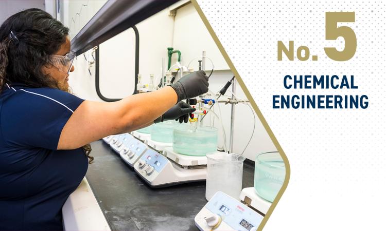 a person works with chemicals under a lab fume hood with text "No. 5 Chemical Engineering"