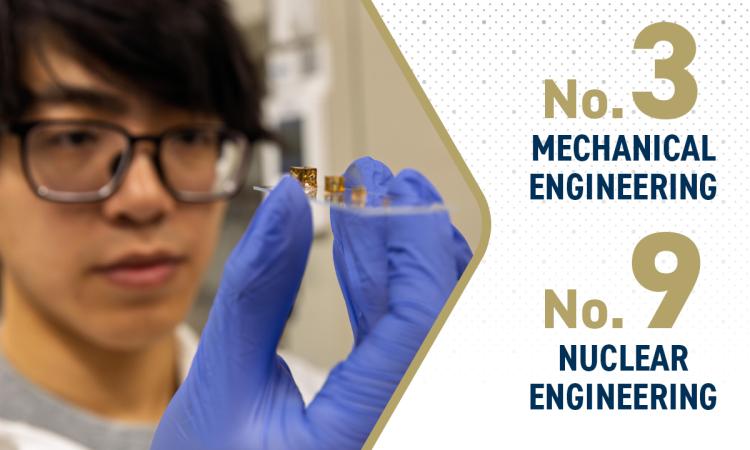a person holds a polymer cube on a slide close to the camera with text "No. 3 Mechanical Engineering, No. 9 Nuclear Engineering"