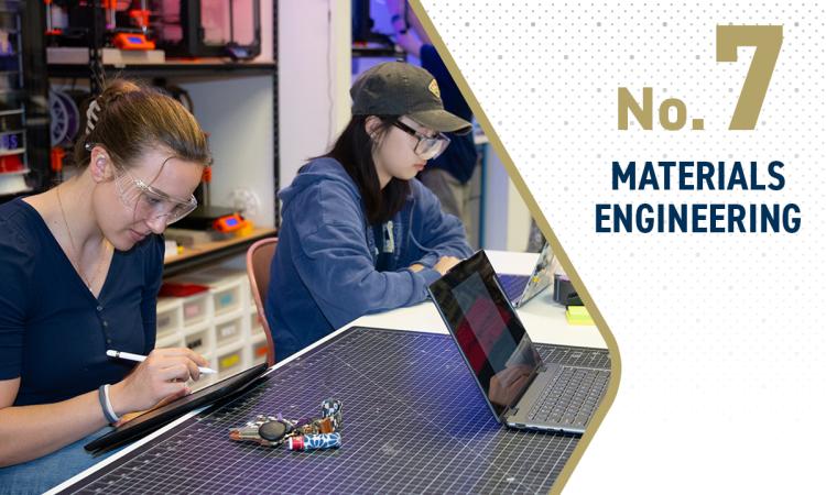 two people work at a table in a makerspace with text "No. 7 Materials Engineering"