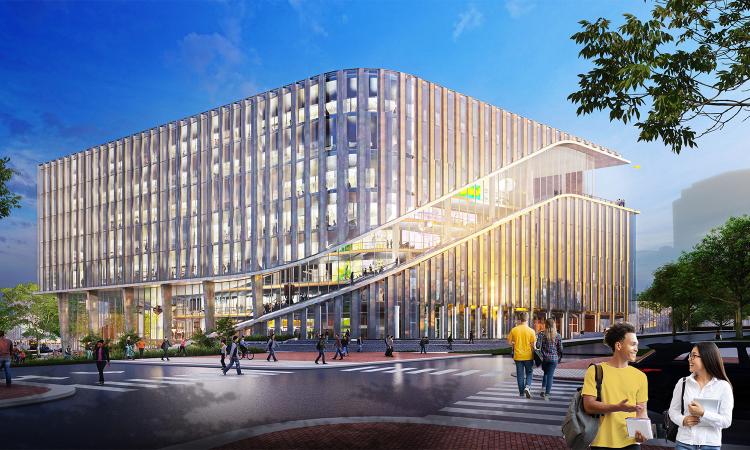 rendering of a building with people walking in front