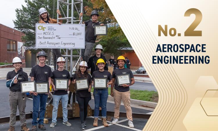 a group of students with a rocket launcher and text overlay "No. 2 Aerospace Engineering"