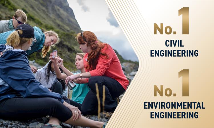 a group of people look at a field sample with text overlay "No. 1 Civil Engineering, No. 2 Environmental Engineering"