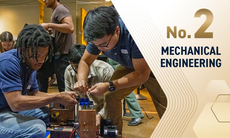 Two students work on a project with text overlay "No. 2 Mechanical Engineering"