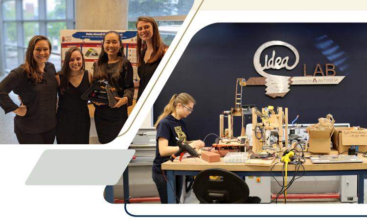 Two photos: A group of women with their prototype and poster at Capstone Design Expo & a woman at a workbench in the Idea Lab.