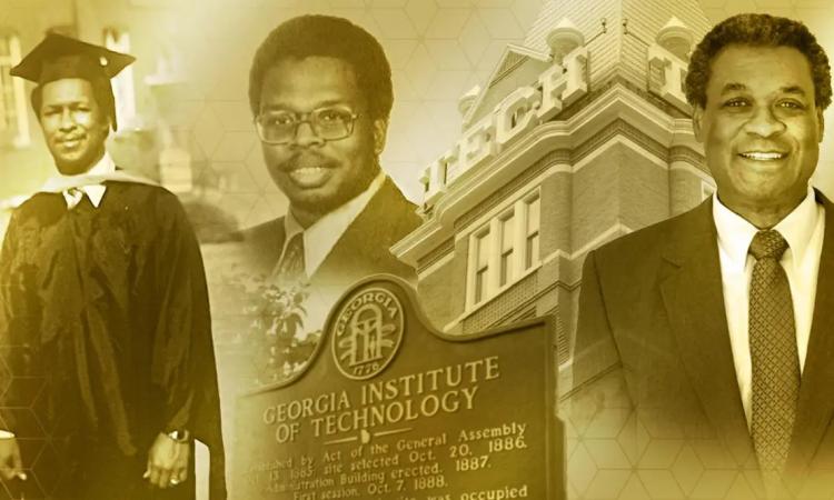 Yellow-toned collage of photos, including Archie Stanley in his master's gown, a Blueprint photo of Berman Watts, Tech Tower and the Georgia Tech historical marker, and current photo of Bryan Fortson in suit and tie.