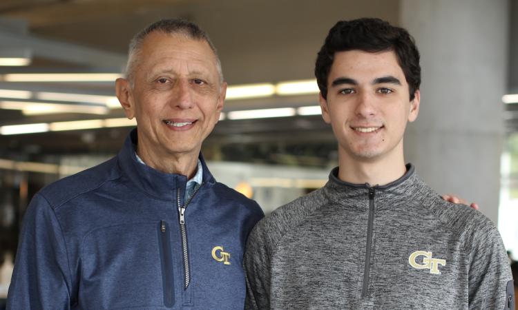 Juan, left, and Patrick Villarreal together on campus, each in a Georgia Tech shirt.
