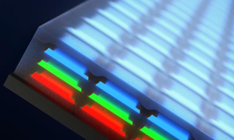 Illustration of stacked LEDs with a thin row of red on the bottom, green in the middle, and blue on top. (Credit: Younghee Lee)