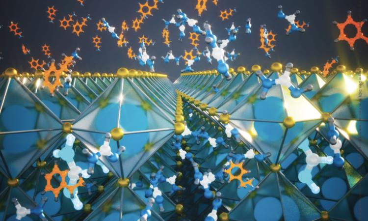 Illustration shows the surface of the halide perovskite structure as being a series of interconnected 3D diamond shapes being modified by a large organic cation represented as six-pointed star shapes floating above and through the perovskites.
