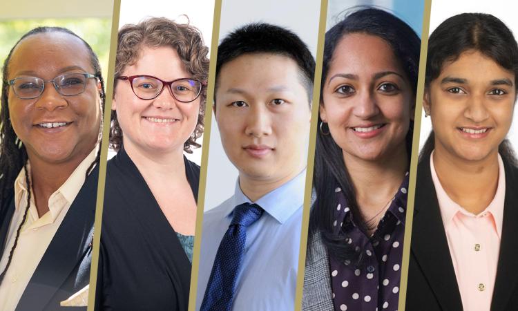 A composite image of five headshots separated by gold bars. Left to right: Kelly Cross, Eva Dyer, Shaolan Li, Akanksha Menon, and Vidya Muthukumar.