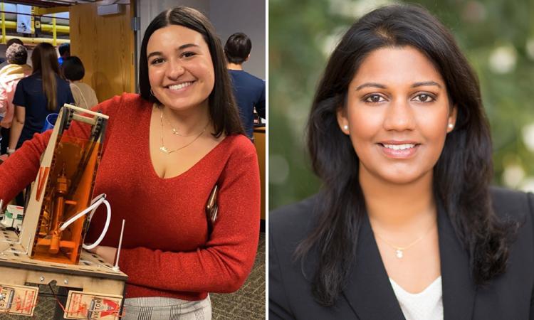 Composite image of ME undergrad Ana Pizarro holding a wooden device with wires and tubes and a headshot of alumna Shweta (Shay) Natarajan.