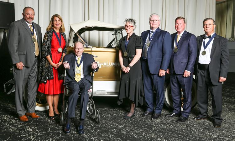 The 2023 Engineering Hall of Fame inductees with the Ramblin' Wreck