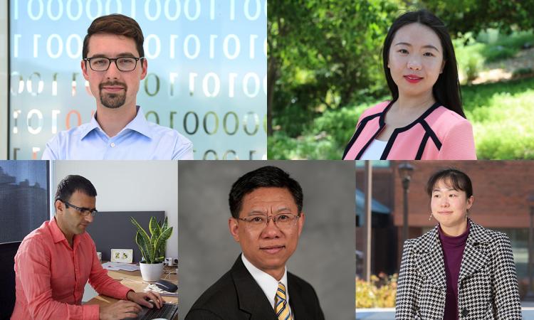 Composite image of 5 faculty members. Top: Brendan Saltaformaggio, Fan Zhang. Bottom: Saman Zonouz, Chuck Zhang, Iris Tien