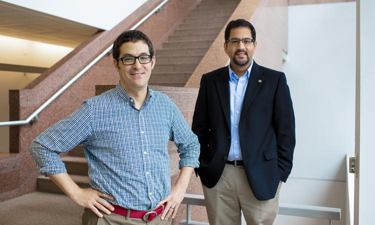 Samuel Sober, left, Emory associate professor of biology, and Muhannad Bakir, Georgia Tech professor of electrical and computer engineering, combined the expertise of their labs to develop breakthrough biosensors. (Photo: Ann Watson, Emory University)