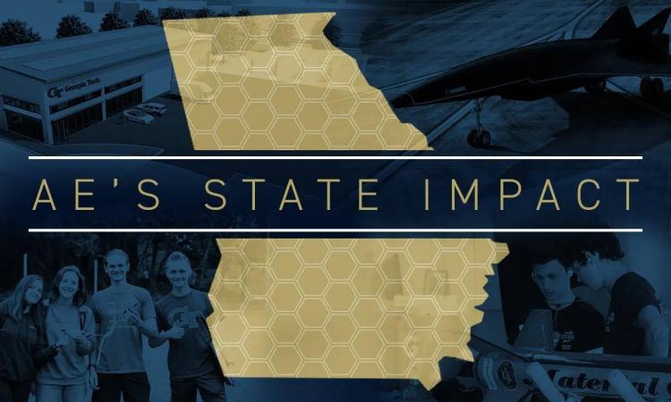 Outline of the state of Georgia in gold on a navy background of photos of students, buildings, and aircraft. Text: "AE's State Impact"