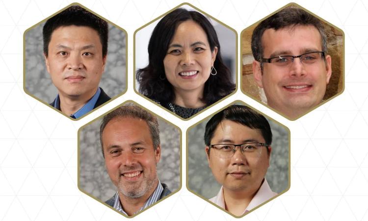 Graphic of with headshots of this year's Georgia Tech IEEE Fellows. Top row (L-R): Fumin Zhang, Hyesoon Kim, Greg Durbin. Bottom row (L-R): Omer Inan, Shimeng You