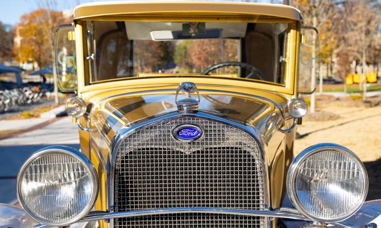 The front grille, headlights, and windshield of the Ramblin' Wreck