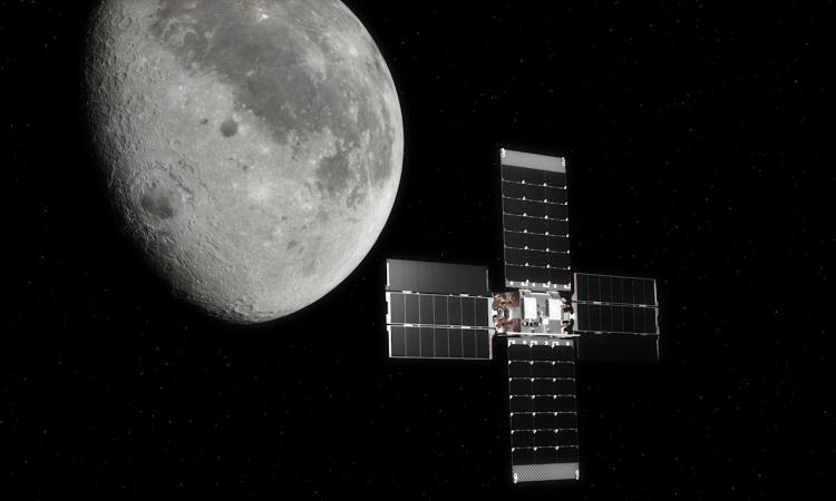 A small satellite, Lunar Flashlight, with solar panels in a four-way cross and a three-quarters moon in the background.