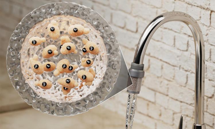 mage of a kitchen faucet with a small filter that contains yeast-laden hydrogels. The filter is on the end of the faucet and there is water flowing through it into the sink.