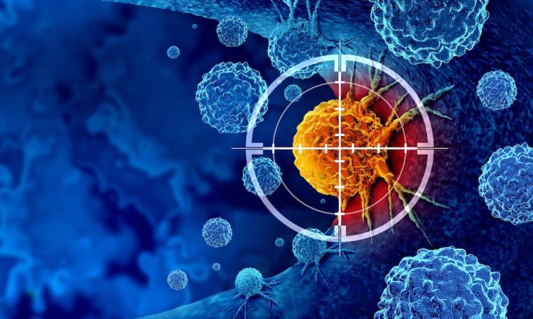 Illustration of cancer cells, with one cell targeted in a crosshairs.