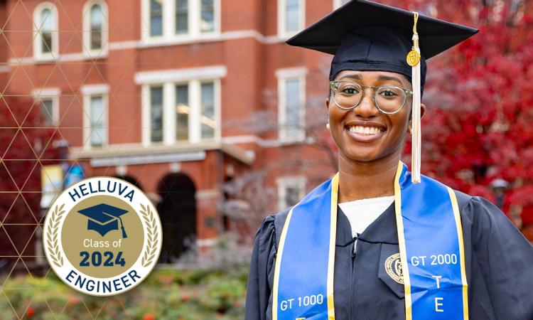 a student in cap and gown in front of Tech Tower with a "Helluva Engineer - Class of 2024" graphic overlay