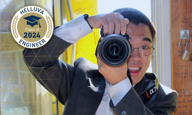 Samuel Luong looks through the viewfinder of an SLR camera, which is pointed at the viewer. A graphic in the top left says "Commencement" with the Georgia Tech seal.