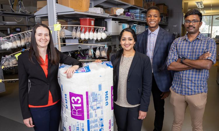 Four researchers standing in a lab with a large roll of fiberglass insulation and a wooden rack holding small bags of hemp fiber-based insulation materials. (Photo: Candler Hobbs)