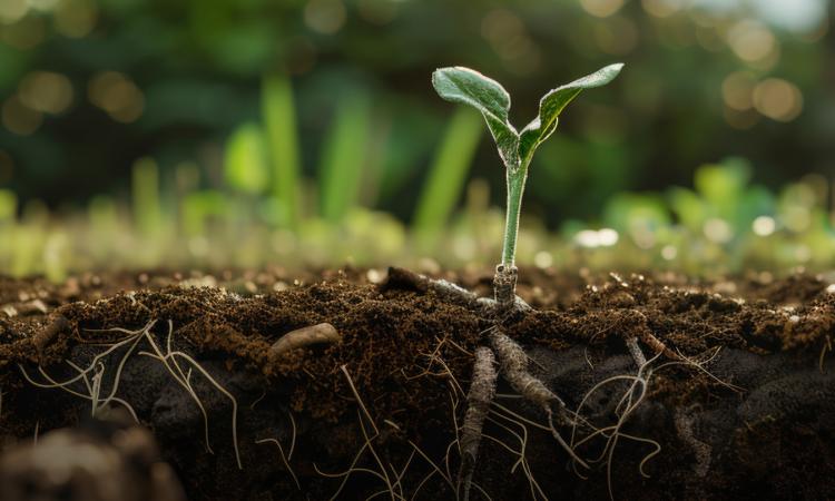 Closeup of a sprouting plant wth two small leaves and a variety of roots visible in the soil below groundlevel.