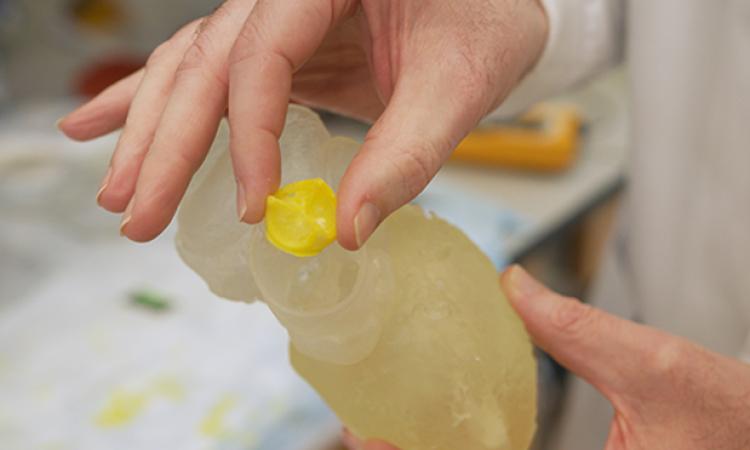 a hand holds a 3D-printed heart valve in front of a 3D-printed heart