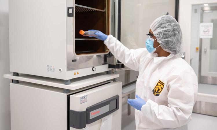 A researcher in PPE removes a small tray of cultured cells from an incubator for further characterization and testing.