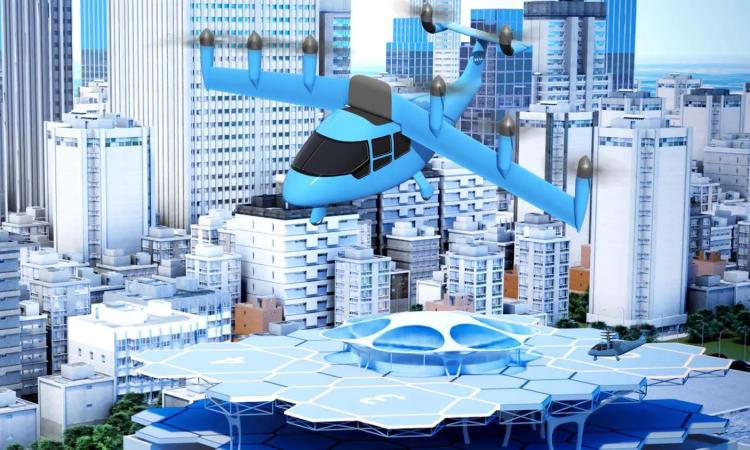 NASA illustration of a blue air taxi with 8 propellers hovering over a city and a municipal vertiport with several hexagonal landing pads. (Courtesy: NASA/Lillian Gipson and Kyle Jenkins)