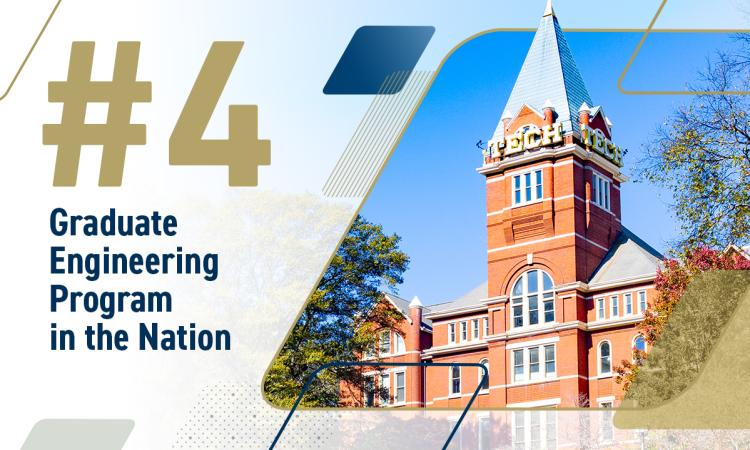 Tech Tower with vector overlays of rhombi in gold, navy, and gray, and the text "#4 Graduate Engineering Program in the Nation"