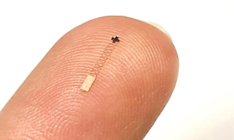 A tiny electronic component sitting on a fingertip.
