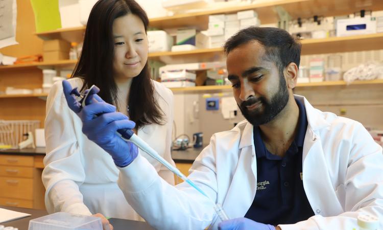 Leslie Chan and Vishal Manickam working in the lab on ingestible nanosensors that could detect colorectal cancer less invasively.