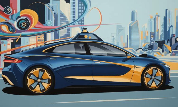 Illustration of a futuristic car with a sensor dome on top driving on a road with a city skyline in the background.