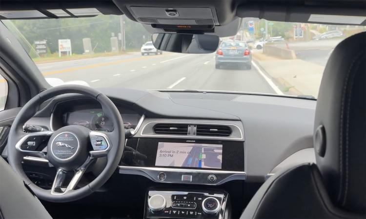 View from the back seat of a Waymo robotaxi like those carrying passengers in five cities.