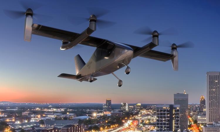 A conceptual rendering of an electric vertical takeoff and landing aircraft called the RAVEN in flight over Atlanta, Georgia. Georgia Tech researchers are building the craft as a flying lab for designing and testing advanced autonomous aircraft systems.