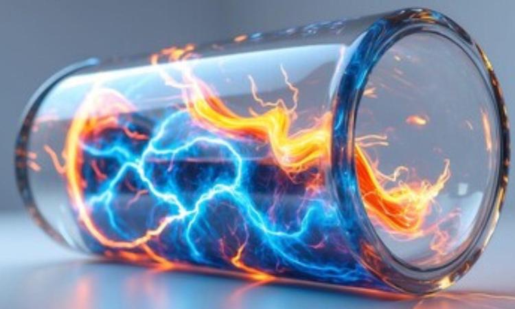 Illustration of a battery with blue and orange bolts of electricity inside.
