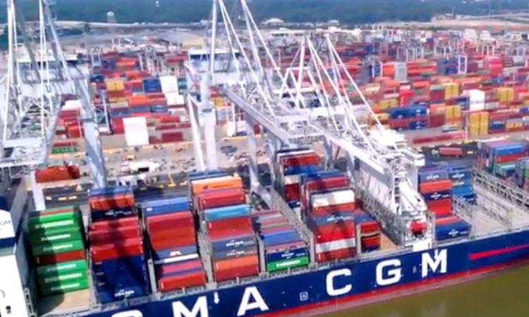 A container cargo ship docked at the port of Savannah.