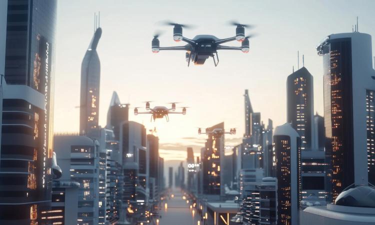 Illustration of quadcopter drones flying through an urban area.