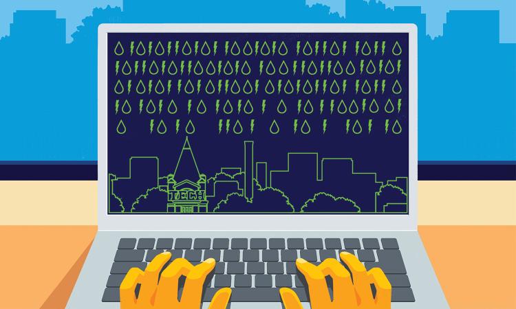 an illustration of a computer with a digital silhouette of campus and lightning bolts and water drops