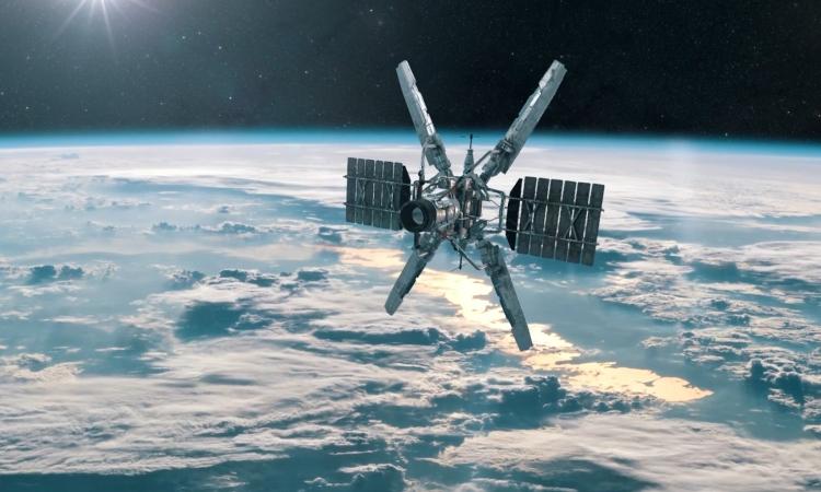 Illustration of a satellite orbiting above Earth.