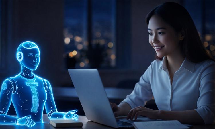 AI-generated illustration of a student working at a laptop alongside a blue, ghostly, robotic figure.