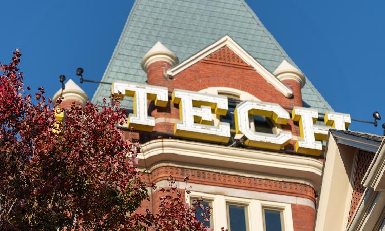 Closeup of the TECH letters atop Tech Tower.