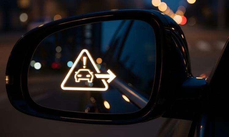 A side mirror on a car with a blind-spot alert, a lighted icon depicting the outline of a car with an exclamation mark in a hazard triangle and a rightward arrow.