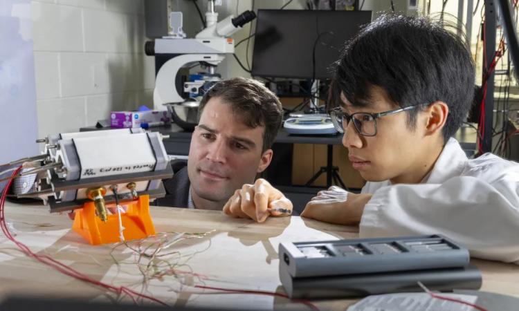 Researchers William Trenton Gantt and Hugh (Ka Yui) Chen work on a device in their lab.