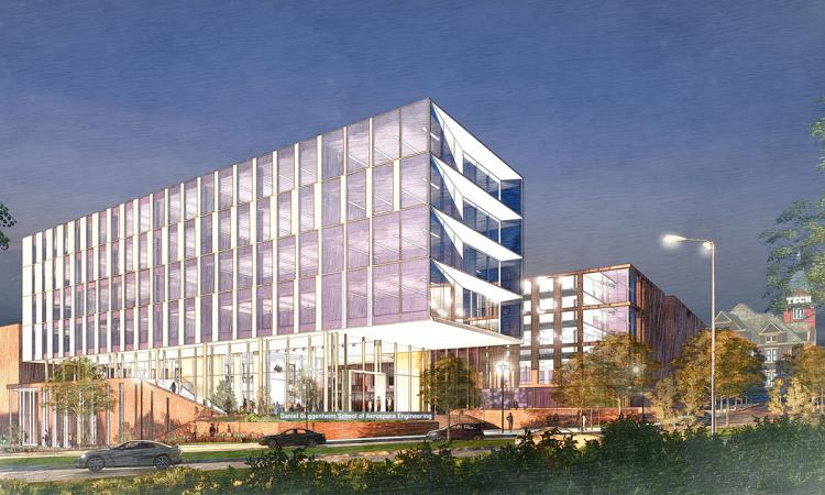 artist's rendering of the new aerospace building at twilight