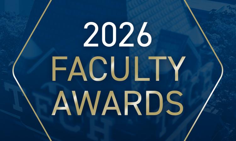 Tech Tower in navy blue with text overlay: "2026 Faculty Awards"