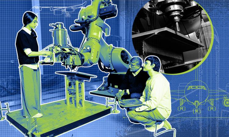 composite image of three people working with an industrial robotic arm, surrounded by aircraft blueprint schematics