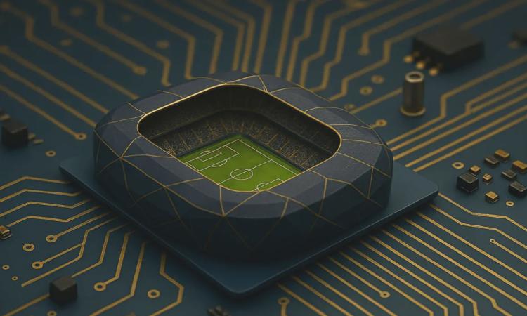 Illustration of a rectangular soccer stadium embedded on a circuit board.