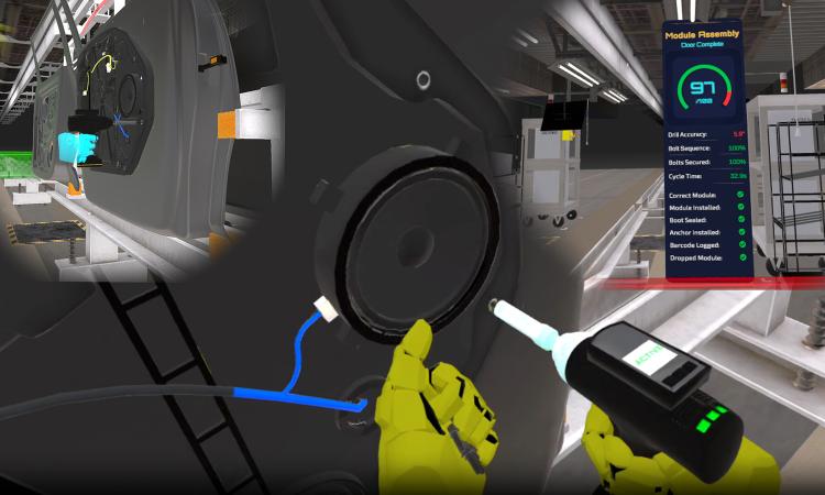 Digital hands hold a power tool in the virtual reality training environment new workers use at Kia Georgia to practice their skills before they work on the real production line.